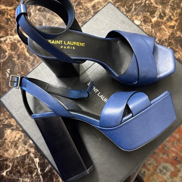 Saint Laurent Navy Blue Platform Heels - Picture 5 of 11